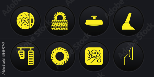 Set Car gas and brake pedals, handbrake, tire, Gear shifter, mirror, Windscreen wiper and disk with caliper icon. Vector