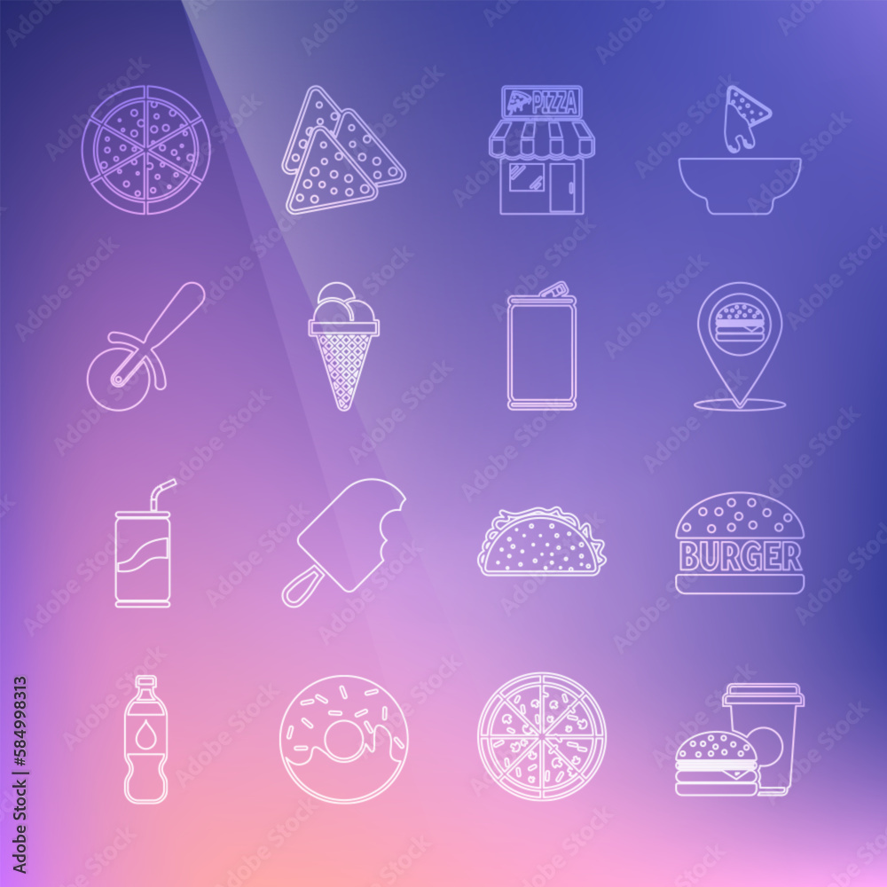Set line Coffee and burger, Burger, Location with, Pizzeria building facade, Ice cream waffle cone, Pizza knife, and Aluminum can icon. Vector Set line Coffee and burger, Burger, Location with, Pizzeria building facade, Ice cream waffle cone, Pizza knife, and Aluminum can icon. Vector