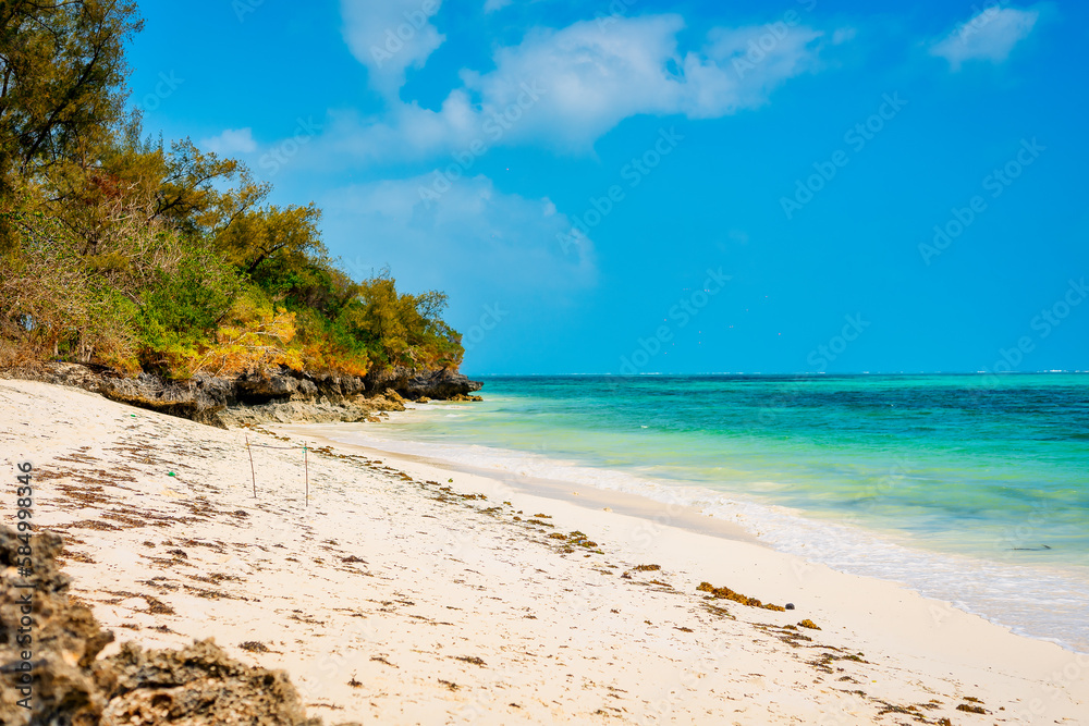 Escape to a tropical paradise with a picture-perfect beach featuring white sand, swaying palm trees, and crystal-clear turquoise waters against a blue sky with fluffy clouds on a sunny summer day. Escape to a tropical paradise with a picture-perfect beach featuring white sand, swaying palm trees, and crystal-clear turquoise waters against a blue sky with fluffy clouds on a sunny summer day.