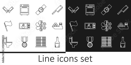 Set line Paint brush, Cargo ship, Wrist watch, Microwave oven, Flag, Crossed meat chopper, Air conditioner and Oven icon. Vector