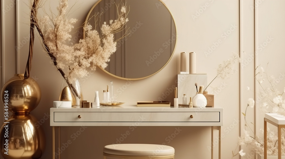 In a sunlit cream-walled bedroom, an empty modern and minimalist beige  dressing table with a