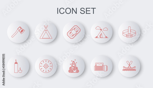 Set line Rafting boat, Thermos container, Flashlight, Wooden axe, Tourist tent, Compass and Campfire icon. Vector