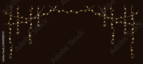 Gold hanging vines vector illustration. Golden floral botanical vine curtain design element