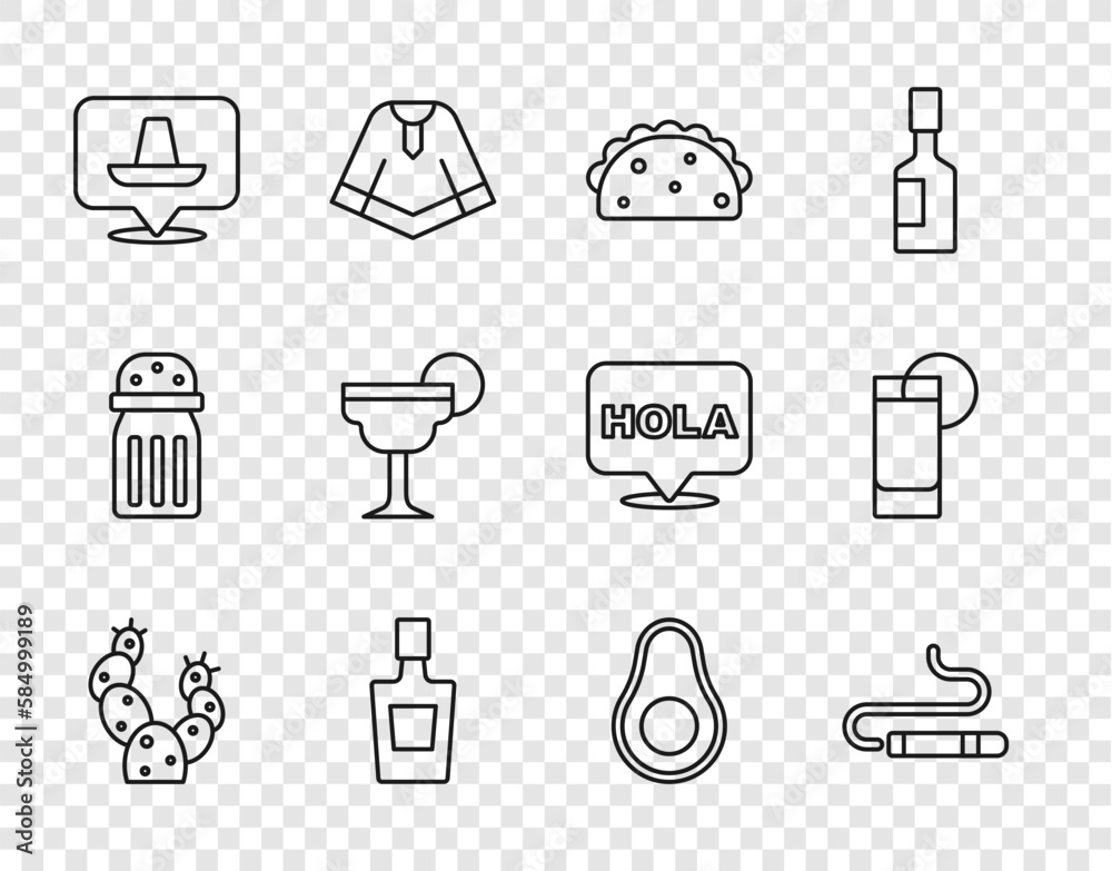 Set line Cactus, Cigar, Taco with tortilla, Tequila bottle, Mexican sombrero, Margarita cocktail, Avocado fruit and glass lemon icon. Vector Set line Cactus, Cigar, Taco with tortilla, Tequila bottle, Mexican sombrero, Margarita cocktail, Avocado fruit and glass lemon icon. Vector