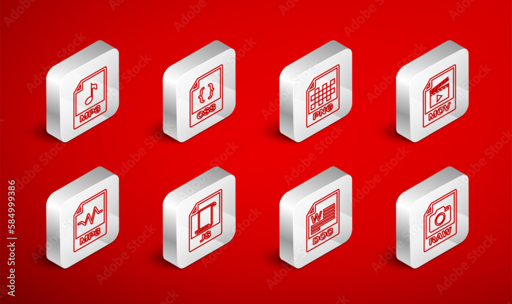 Set line RAW file document, CSS, PNG, MOV, DOC, MP3, JS and icon. Vector