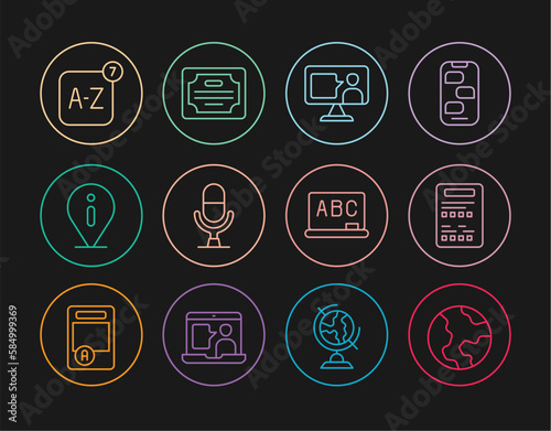 Set line Earth globe, Exam sheet, Foreign language online study, Microphone voice device, Information, Online translator, Chalkboard and Certificate template icon. Vector