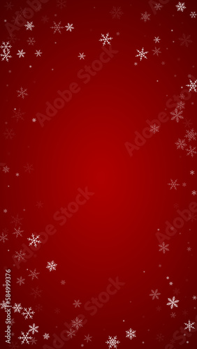 Magic falling snow christmas background. Subtle flying snow flakes and stars on christmas red background. Magic falling snow holiday scenery. Vertical vector illustration.