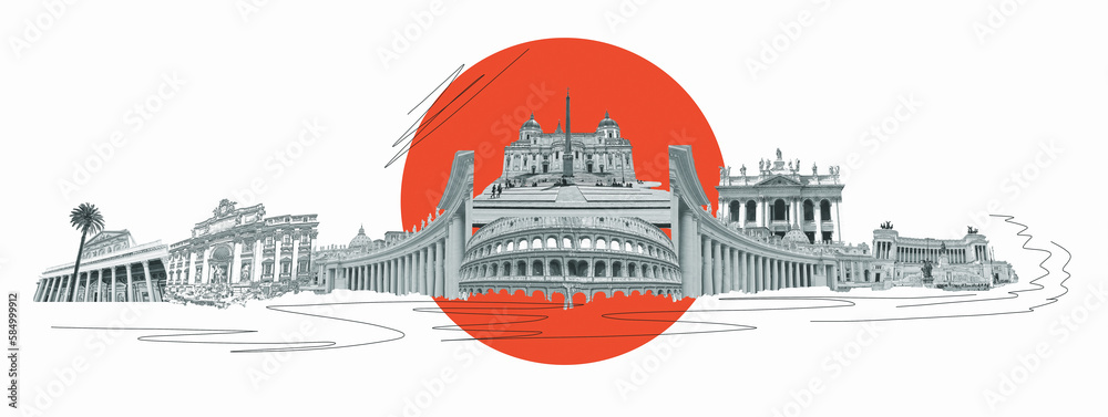 Rome famous landmarks collage. The art design from best views of Rome, Italy, Europe.