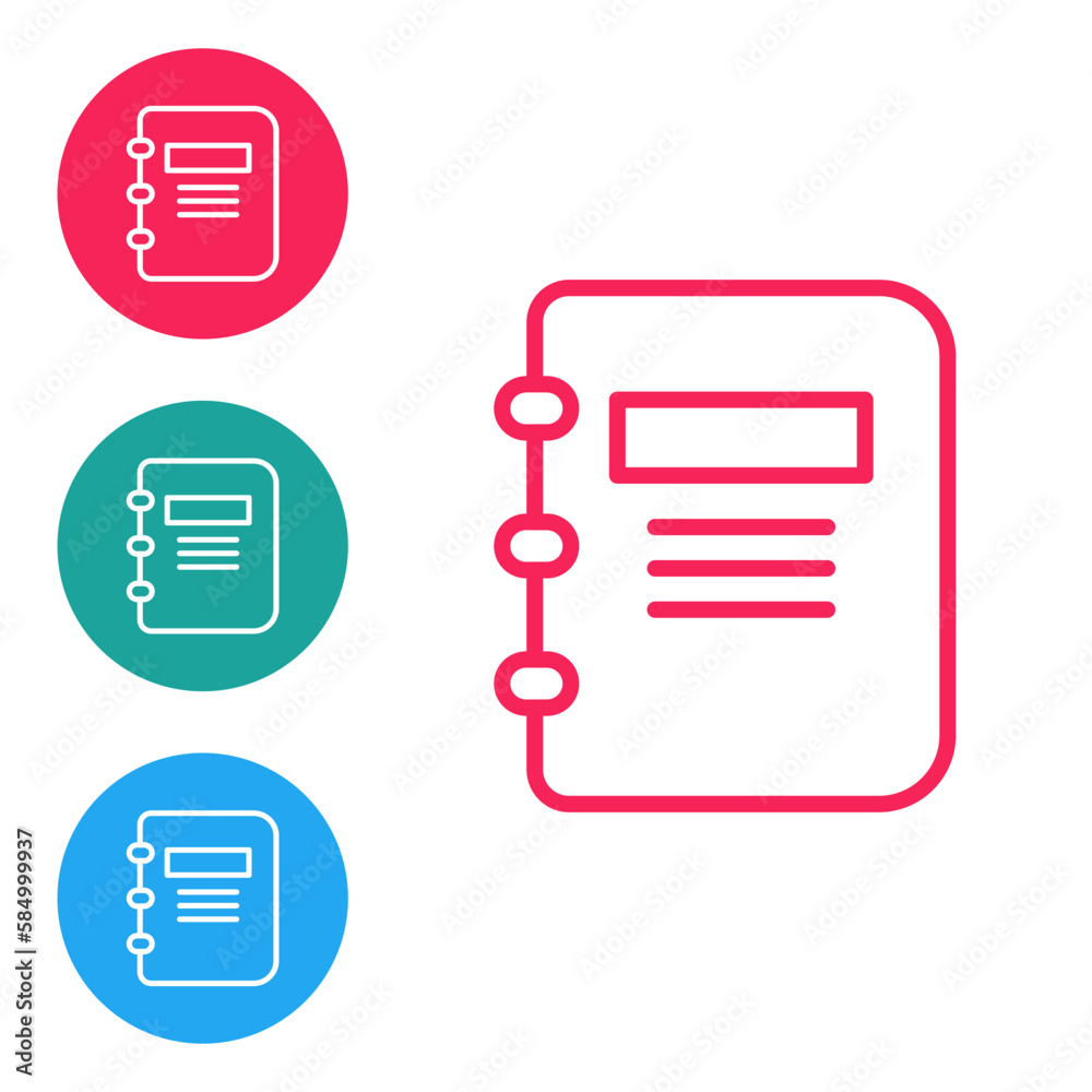 Red line Notebook icon isolated on white background. Spiral notepad icon. School notebook. Writing pad. Diary for school. Set icons in circle buttons. Vector Red line Notebook icon isolated on white background. Spiral notepad icon. School notebook. Writing pad. Diary for school. Set icons in circle buttons. Vector