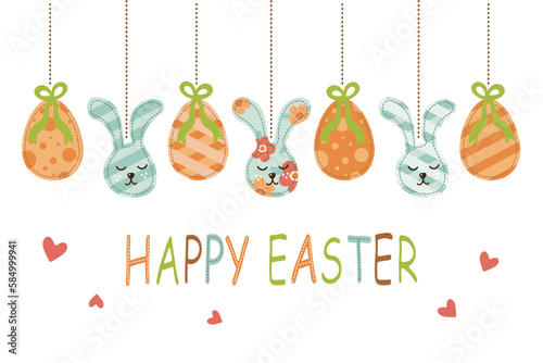easter day greeting banner painted eggs on ropes with bunnies