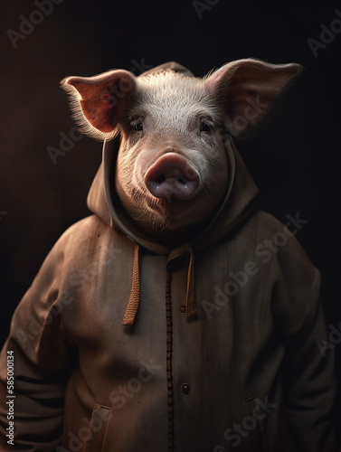 AI generated portrait of animal - a pig in a hoody 