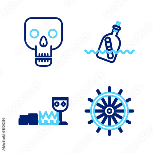 Set line Ship steering wheel, Treasure and riches, Bottle with message water and Skull icon. Vector