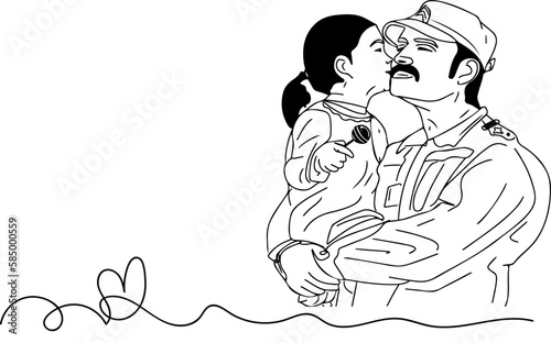 Sketch drawing of the humanity of the armed forces - Vector illustration of a soldier kissing and hugging a young girl, soldier showing his compassionate side by hugging and kissing a child