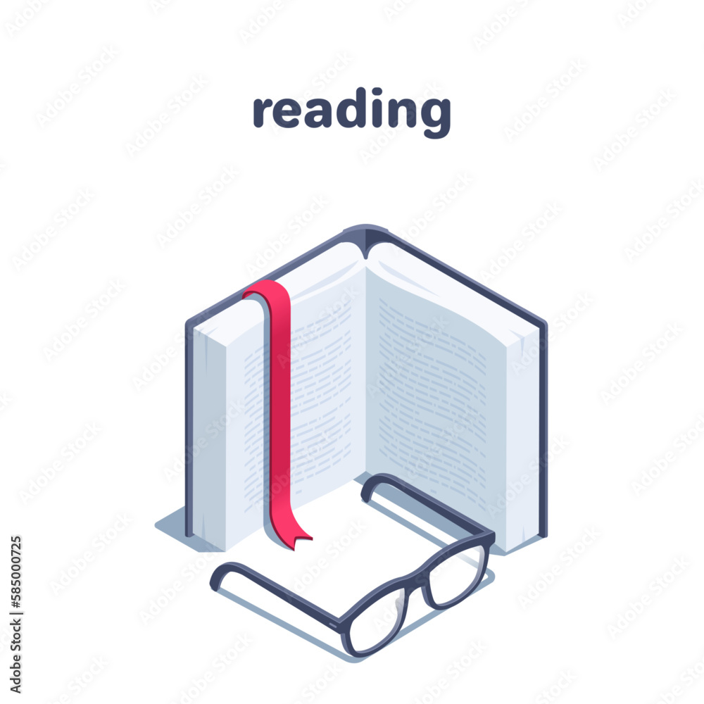 isometric vector illustration isolated on white background, book icon with red bookmark and glasses, reading or vision isometric vector illustration isolated on white background, book icon with red bookmark and glasses, reading or vision