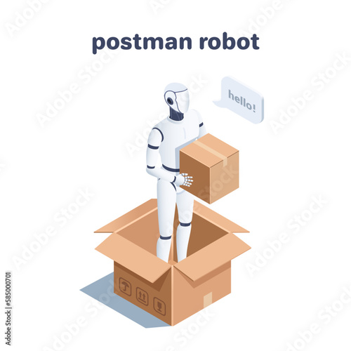 isometric vector illustration on a white background, a robot with a cardboard box stands in an open box, parcel delivery or postman robot