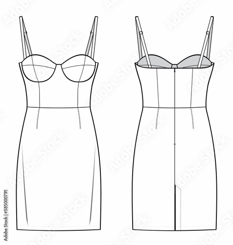 Spaghetti Straps Bustier Dress Bralette Bodycon mini fashion flat technical drawing template. Flat apparel Dress template front and back, white color. CAD mock-up.
