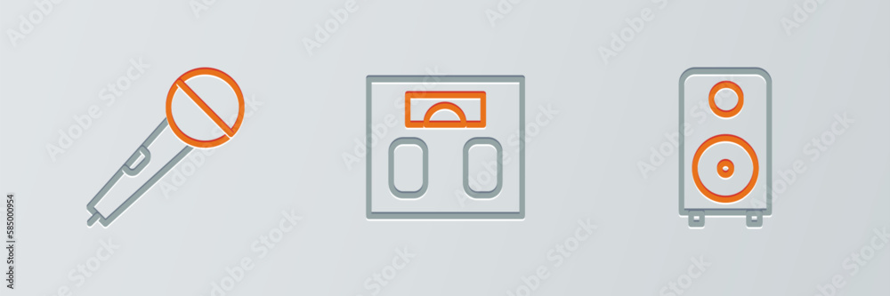 Set line Stereo speaker, Microphone and Bathroom scales icon. Vector Set line Stereo speaker, Microphone and Bathroom scales icon. Vector