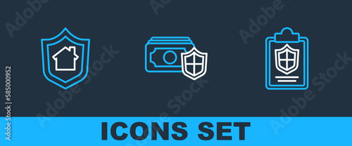 Set line Document with shield, House and Money icon. Vector