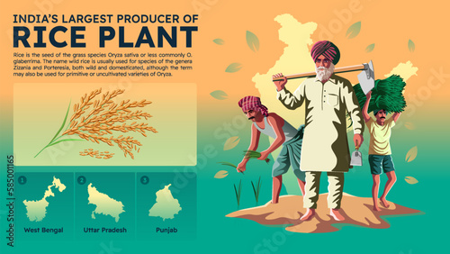 Visualizing India's Largest Rice Producing States and Their Farmers - Vector Illustration