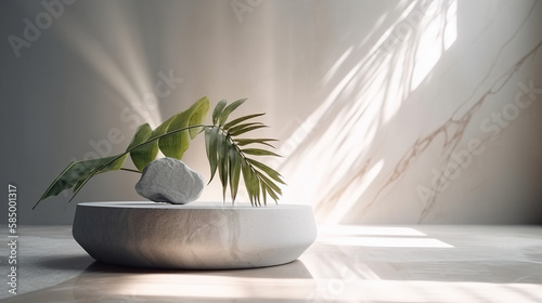 Minimal  modern white marble stone counter table  tropical tree in sunlight  leaf shadow on concrete texture wall background for luxury fresh organic cosmetic  skincare  beauty treatment product 3D