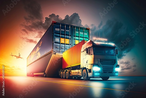 Single cargo truck carrying container with mooring on night road, created with generative ai photo