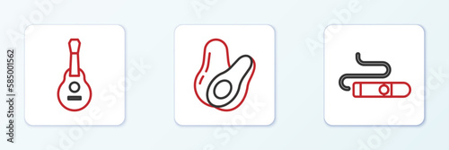 Set line Cigar, Mexican guitar and Avocado fruit icon. Vector