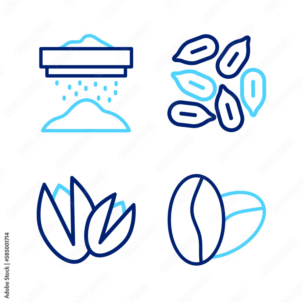 Set line Coffee beans, Pistachio nuts, Seed and Sifting flour icon. Vector Set line Coffee beans, Pistachio nuts, Seed and Sifting flour icon. Vector