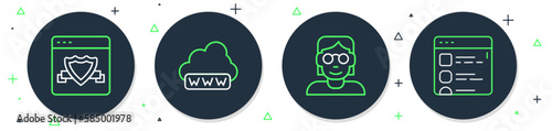Set line Web development, Hacker or coder, Browser with shield and files icon. Vector