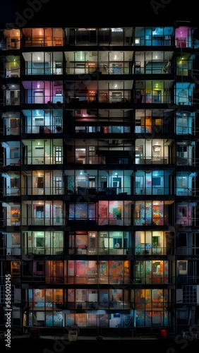 illustration of a residential building skyscraper, at night, light in the windows, fantasy, generated by vAI