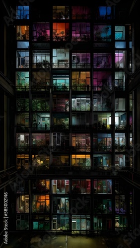 illustration of a residential building skyscraper, at night, light in the windows, fantasy, generated by vAI