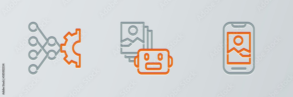 Fototapeta premium Set line Mobile phone, Neural network and Artificial intelligence robot icon. Vector