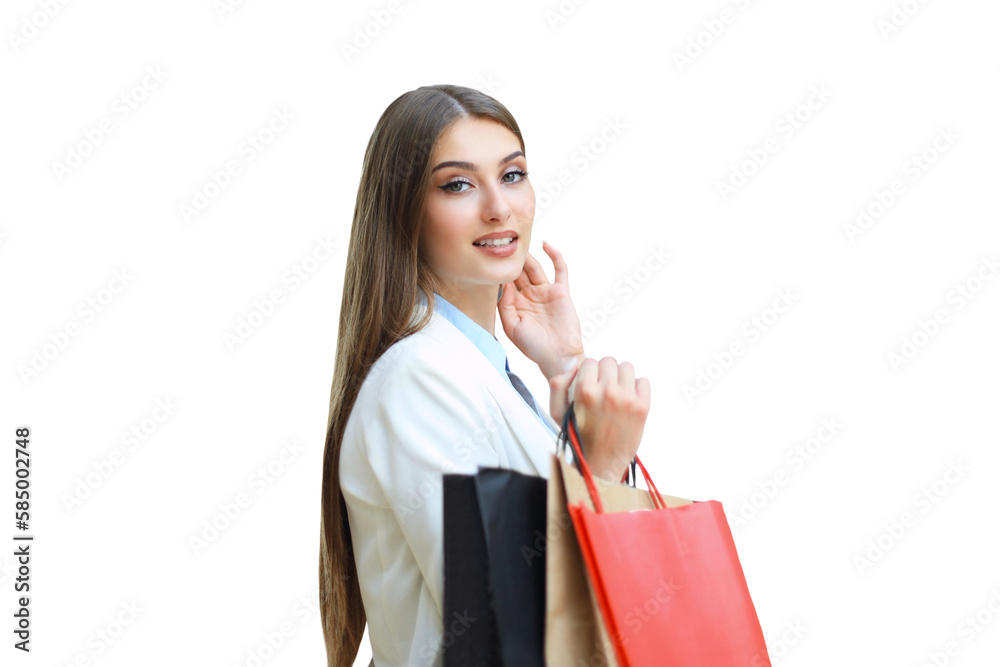 Happy woman holding shopping bags and smiling at the mall. Happy woman holding shopping bags and smiling at the mall.