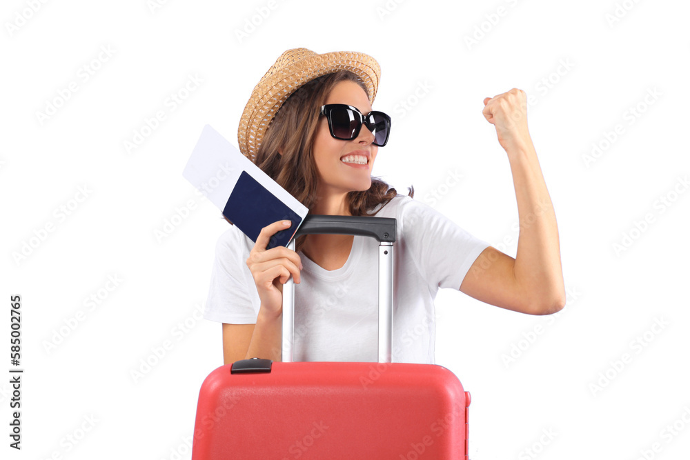 Young tourist girl in summer casual clothes, with sunglasses, red suitcase, passport isolated on purple background Young tourist girl in summer casual clothes, with sunglasses, red suitcase, passport isolated on purple background