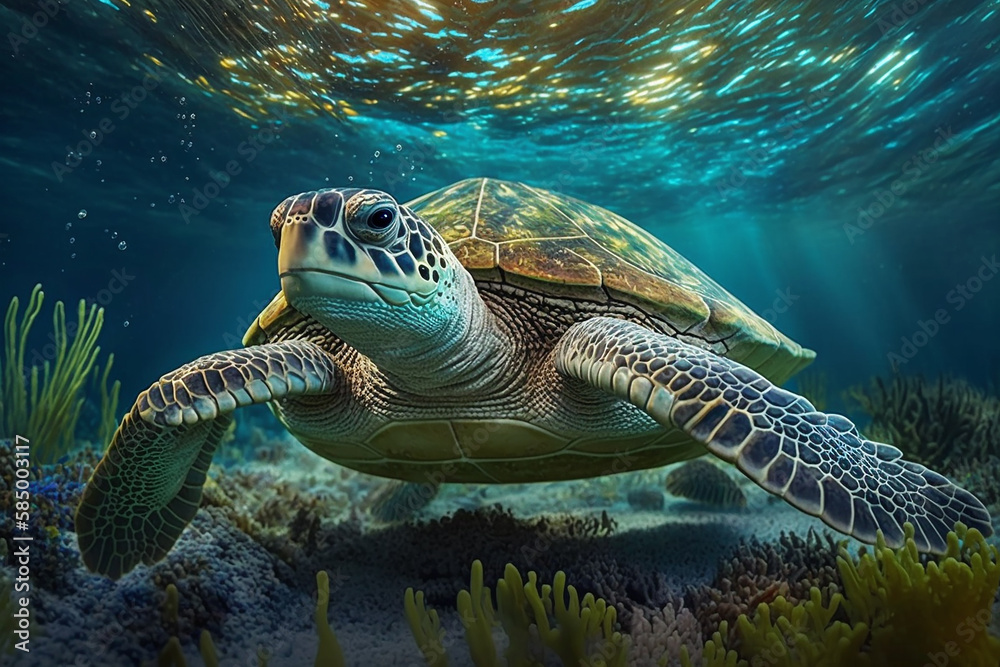 Fototapeta premium Sea turtle swims under water tro with generative AI technology