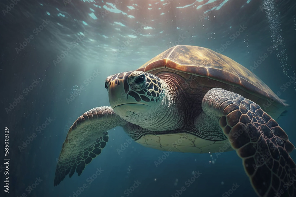 Fototapeta premium Sea turtle swims under water tro with generative AI technology