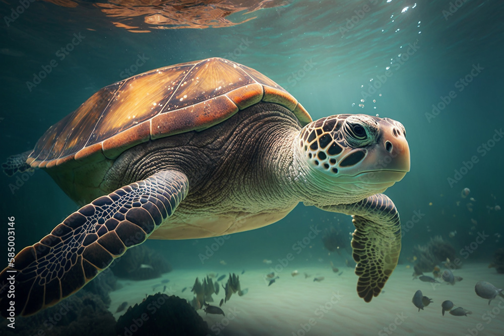 Fototapeta premium Sea turtle swims under water tro with generative AI technology