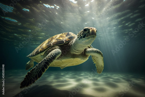 Sea turtle swims under water tro with generative AI technology