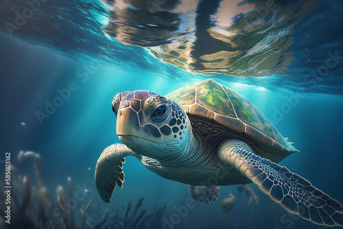 Sea turtle swims under water tro with generative AI technology