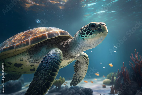 Sea turtle swims under water tro with generative AI technology