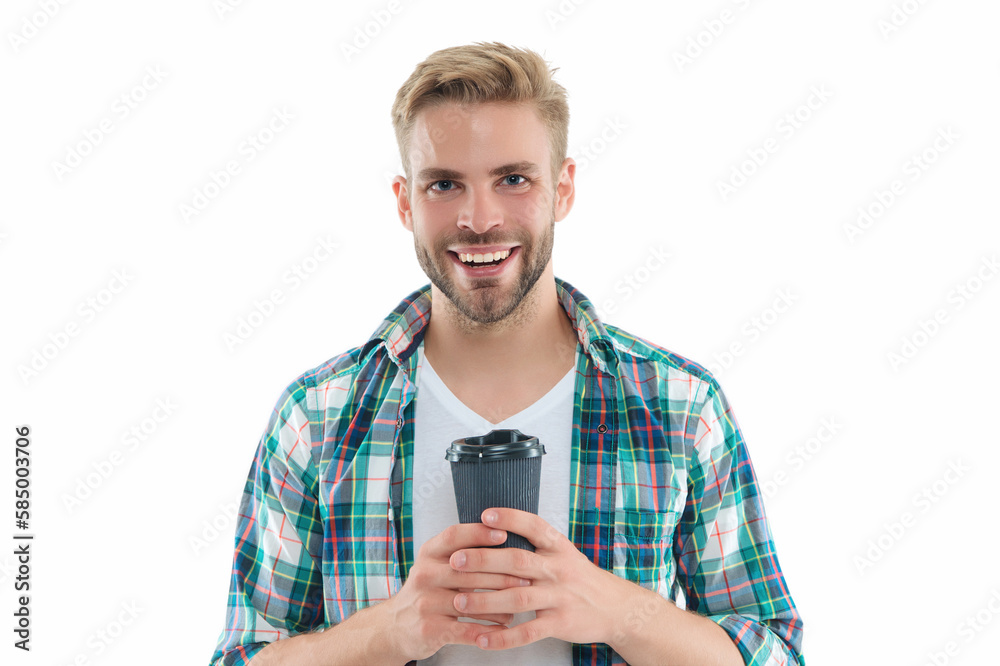 smiling caucasian man with coffee in studio. photo of caucasian man with coffee. smiling caucasian man with coffee in studio. photo of caucasian man with coffee.