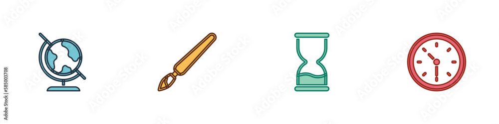 Set Earth globe, Paint brush, Old hourglass and Clock icon. Vector