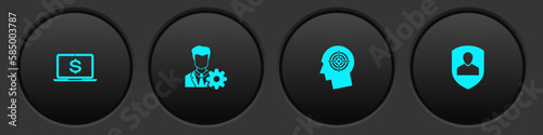 Set Laptop with dollar, Profile settings, Head hunting concept and User protection icon. Vector