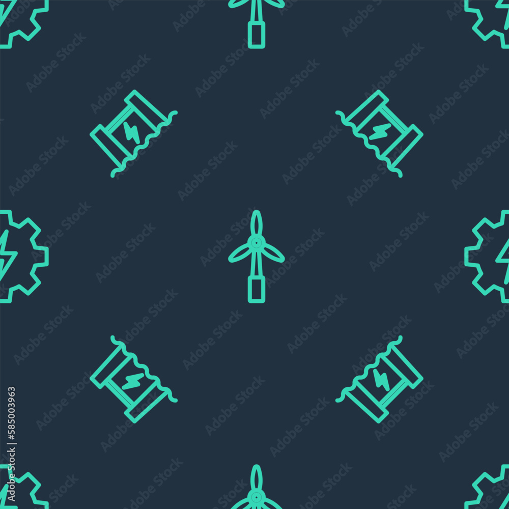 Set line Wind turbine, Hydroelectric dam and Gear and lightning on seamless pattern. Vector Set line Wind turbine, Hydroelectric dam and Gear and lightning on seamless pattern. Vector