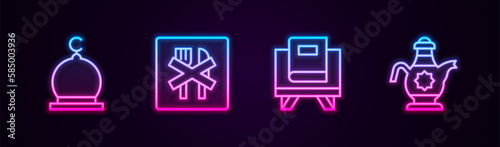 Set line Muslim Mosque, Ramadan fasting, Holy book of Koran and Islamic teapot. Glowing neon icon. Vector