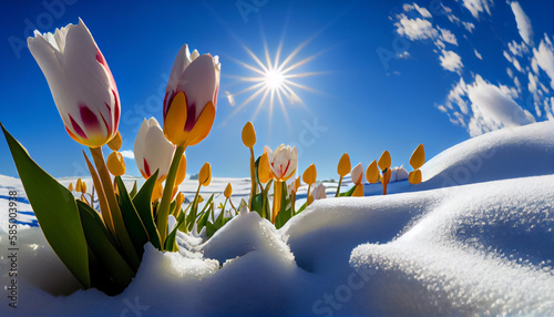Tulip flower plants raised from snow ground, garden flowers in a beautiful sun and sky © datta