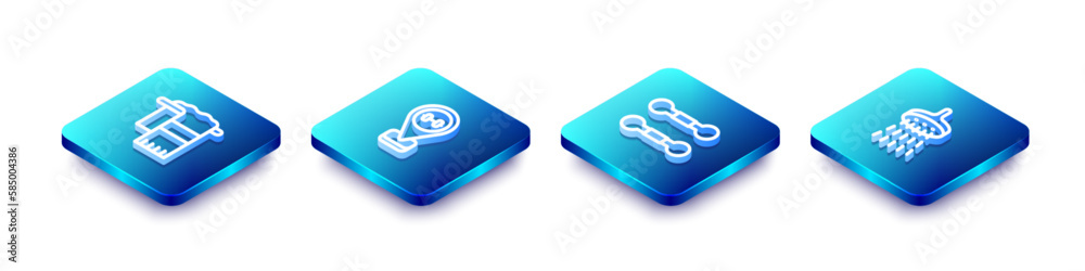 Set Isometric line Towel on hanger, Location gym, Dumbbell and Shower icon. Vector Set Isometric line Towel on hanger, Location gym, Dumbbell and Shower icon. Vector