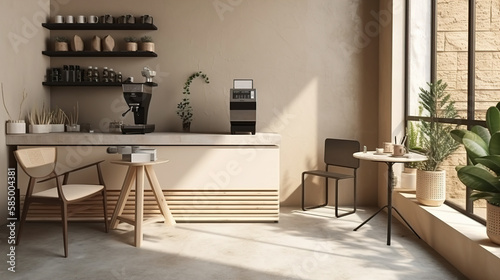 Modern design cafe  white square tile counter with espresso machine  cash register  rattan chair  coffee table in sunlight from outdoor garden on beige brown stucco wall  cement floor. Background 3D