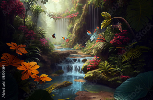 Beautiful nature scene of forest  butterflies in a natural jungle environment landscape  colorful yet calm art with waterfall and wilderness - AI Generated