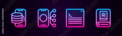 Set line Cloud technology data transfer, Neural network, Web developer programming code and Artificial intelligence AI. Glowing neon icon. Vector