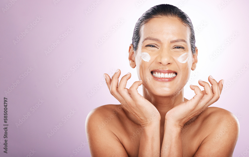 Face smile, cream and skincare of woman in studio isolated on a purple background mockup. Mature, portrait and female model with dermatology lotion, creme and moisturizer cosmetics for healthy skin.